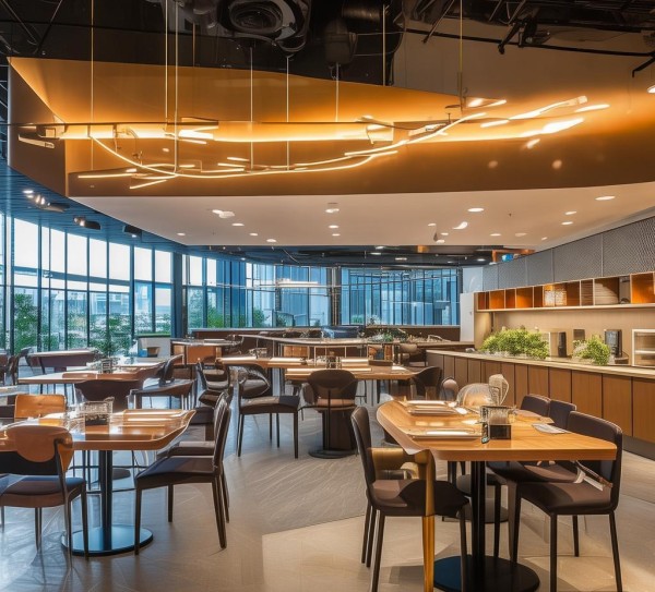 复现现代酒店员工食堂设计方案，让员工更舒适、更高效的用餐体验